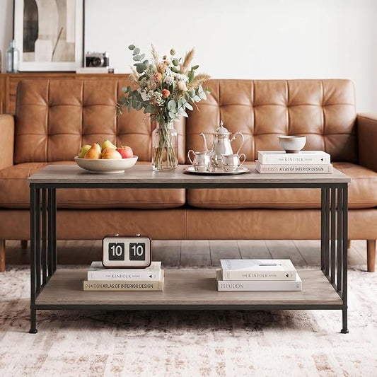 SENIG 2-Tier Coffee Table 39.4" with Slatted Sides Frame, Grey Oak | Industrial Wood and Metal Center Table for Home Office Kitchen 39.4" L x 21.7" W