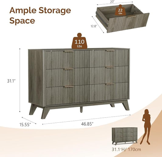 VINGLI Fluted Grey Dresser 6 Drawer Gray Dresser with Rounded Edges, Grey Dressers for Bedroom, 46.8" W*15.5" D*31" H