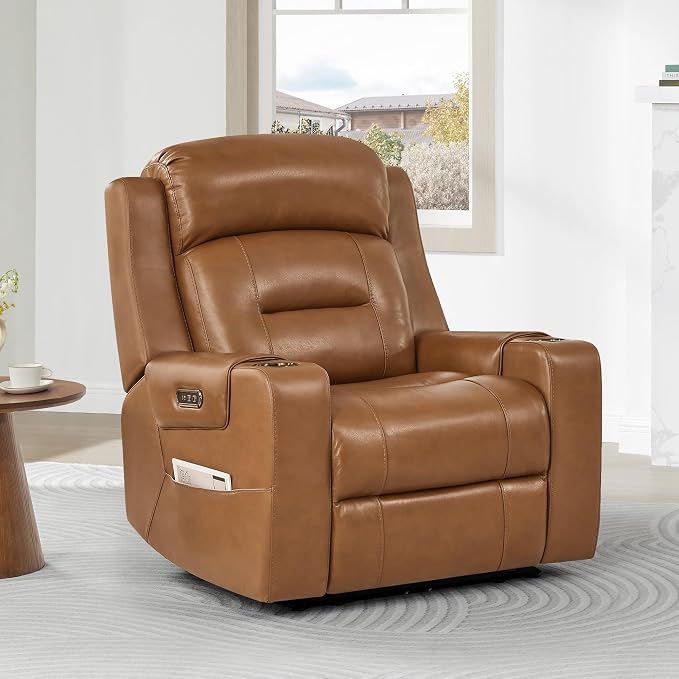 Watson & Whitely Oversized Genuine Leather Power Recliner Chairs for Big and Tall, Extra Wide Lay Flat Recliner with Power Headrest & Cup Holders, Electric Reclining Sofa for Living Room, Saddle