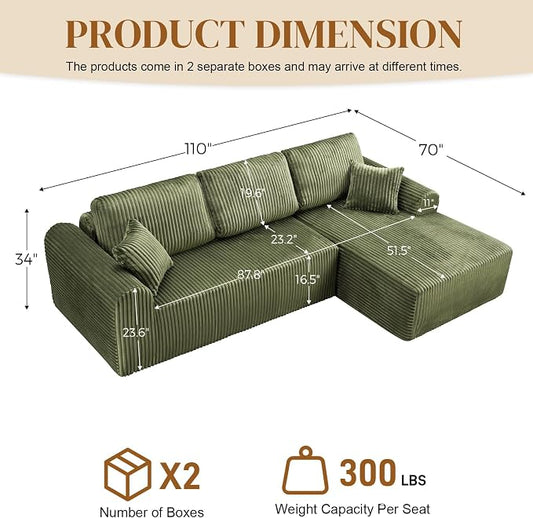 110" L Shaped Boneless Sectional Couches for Living Room, Comfy Corduroy Floor Cloud Sofa with Chaise, Wide Armrest, Deep Seat, Memory Foam, Assembly Free, Ideal for Small Spaces, Green
