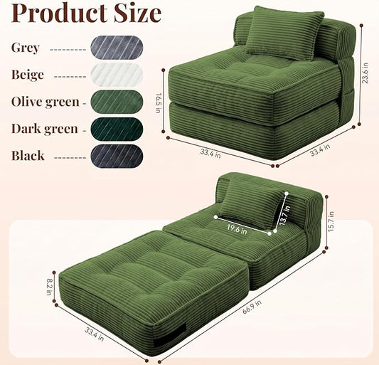 Folding Sofa Bed, Convertible Sleeper Chair with Pillow Foldable Mattress with Back Support, Portable Fold Out Chair Bed Comfy Floor Couch Lounge for Living Room Bedroom Apartment Single