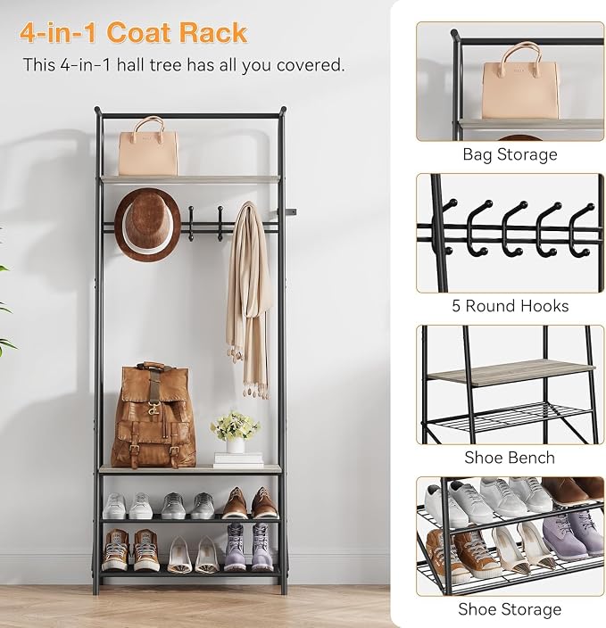 OUTLANE Entryway Hall Tree with 5 Hooks, Shoe Bench & Storage Shelf, Coat Rack Organizer with Wood Accents and Metal Frame for Entryway, Living Room, Bedroom, Gray-Single row