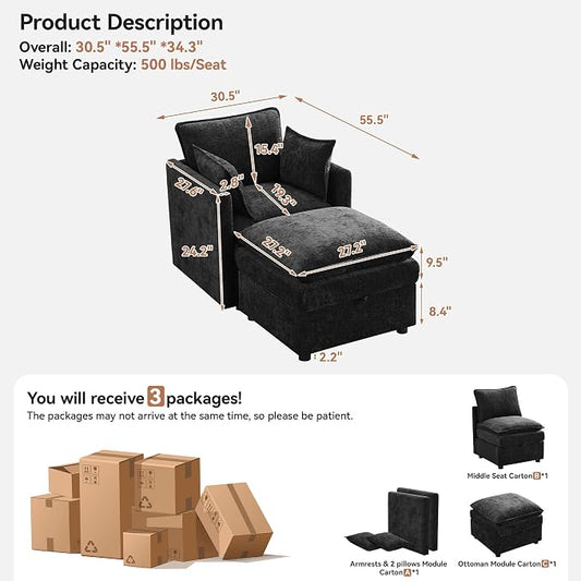 30" Cloud Modular Single Sofa Chair with Storage Ottoman, Modern Upholstered Accent Chair with Storage, Chenille Reading Lounge Armchair for Living Room, Bedroom, Small Space, Black