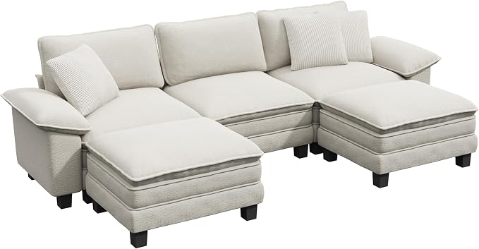 PHI VILLA Cloud Modular Couch Sets, 123.6" Oversized Sectional Sofa with U-Shaped Chaise, 5-Seater Couches with 2 Movable Ottomans for Living Room, Chenille Beige