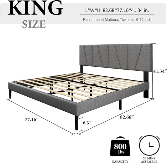 HAOARA King Size Bed Frame with Fabric Upholstered Headboard, Platform Bed with Wooden Slats Support, Fully Mattress Foundation, Box Spring Optional, Easy Assembly