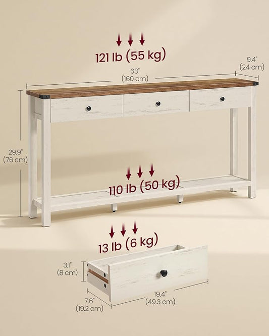 VASAGLE LIRY Collection Narrow Console Table with 3 Drawers and Shelf, Sofa Table 9.4 x 63 x 29.9 Inch, Easy Assembly, Entryway, Living Room, Farmhouse Style, Honey Brown and Rustic White ULNT148W101