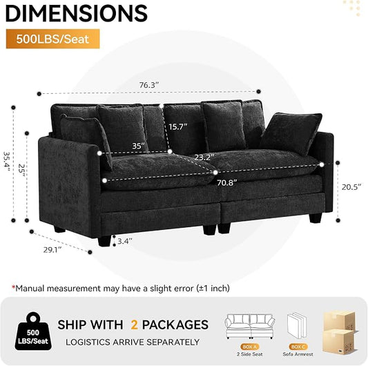 76'' Cloud Deep Seat Loveseat, Upholstered Chenille Modular 2-Seats Sectional Sofa Couch, Modern Comfy Settee Loveseat for Living Room Set, Small Apartment, Dark Grey