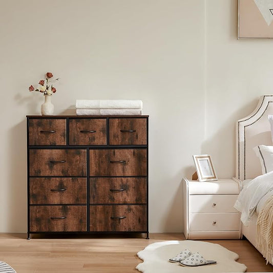 Sweetcrispy Dresser for Bedroom with 9 Drawers, Large Fabric Dresser | Storage Tower Organizer, Chest of Drawers with Metal Frame Wooden Top for Closet, Living Room, Entryway, Brown