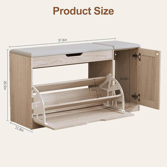 34" Storage Bench with Flip Drawers and Barn Doors, Adjustable Shelf, Flip-up Cabinet & Padded Cushion - Space-Saving Shoe Cabinet, Organizer for Entryway, Hallway, Bedroom