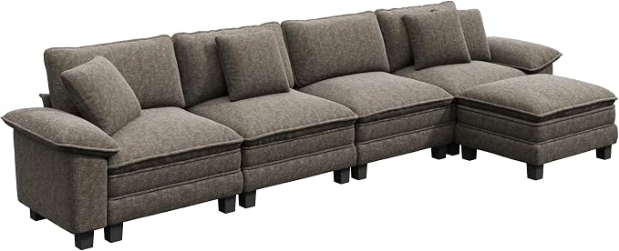 PHI VILLA Cloud Modular Couch Sets, 157.5" Oversized Sectional Sofa with L-Shaped Chaise, 5-Seater Upholstered Couches with Movable Ottoman for Living Room, Chenille Smoky Grey