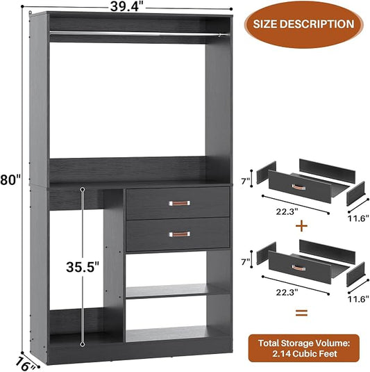 Armocity Freestanding Closet System with Suitcase Storage, 40 Inches Stand-alone Wardrobe with 2 Wood Drawers, 80'' Height Adjustable Cloth Garment Rack, Walk-in Closet with Hanging Rod, Black