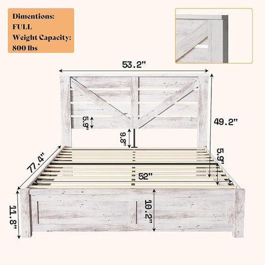 AMERLIFE Full Size Bed Frame with 49.2" Barn Door Headboard and Footboard, Farmhouse Platform Bed Frame with Wood Slats, No Box Spring Needed, Under Bed Storage, Distressed White