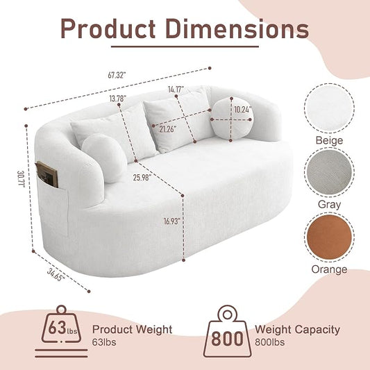 Loveseat Sofa for Small Space, 67.3" Boneless Love Seat Sofa with Side Pocket & 4 Pillows, Foam and Spring Filling, Soft Chenille for Living Room, Apartment, Bedroom, No Assembly