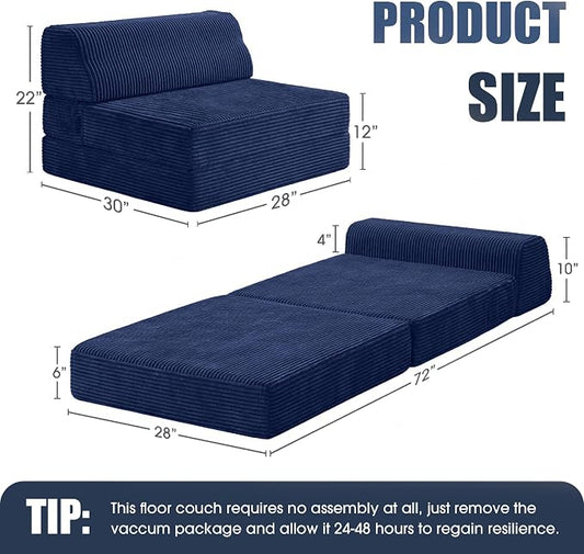 Kasunpul Folding Sofa Bed with Pillow, Memory Foam Fold Out Chair Bed, Convertible Sleeper Chair with Washable Cover, Futon Floor Couch for Living Room/Dorm/Guest Use/Home Office/Apartment, Navy Blue