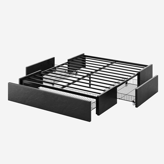 Allewie Queen Size Platform Bed Frame with 3 Storage Drawers, Fabric Upholstered, No Box Spring Needed, Metal Slats Support, Easy Assembly, Black
