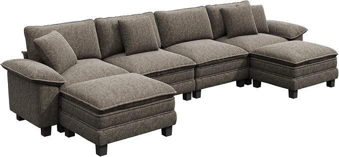 PHI VILLA Cloud Modular Couch Sets, 157.5" Oversized Sectional Sofa with U-Shaped Chaise, 6-Seater Couches with Movable Ottomans for Living Room, Chenille Smoky Grey