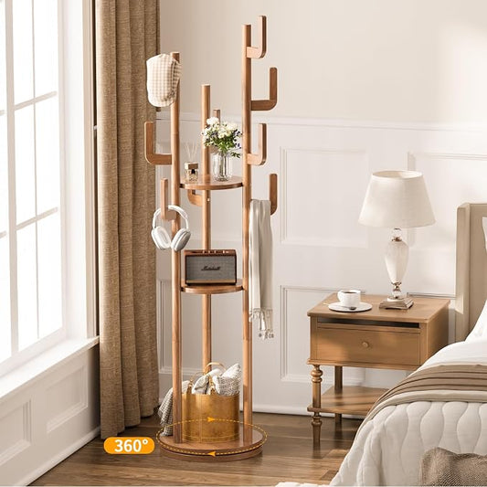 Yoobure Rotary Coat Rack Freestanding - Solid Wood Coat Tree with 9 hooks & 3 Storage Shelves for Purse, Bag, Jacket, Hat, Corner Hanger Stand Racks for Hall, Entryway, Office, Modern Clothes Holder