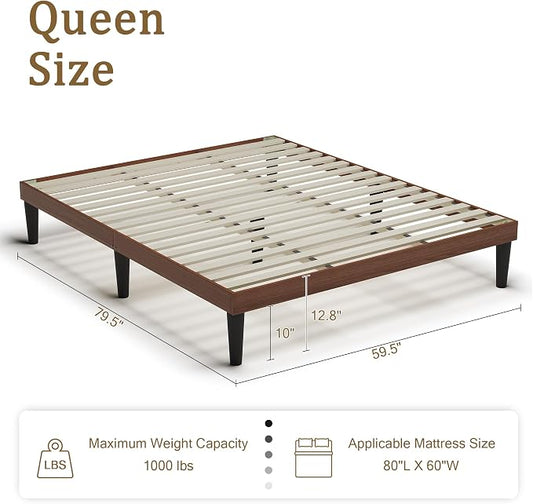 Yumori 12.9 Inch Minimalist Style Queen Size Bed Frame, Wood Platform Bed with Wood Slat Support, No Box Spring Needed, Easy Assembly, Walnut