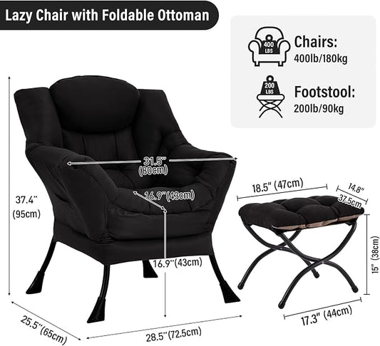 Furlide Lazy Chair with Ottoman, Modern Accent Chair with Armrests and a Side Pocket, Black Accent Chairs, Reading Chairs, Oversized Armchairs for Bedroom, Study, Living Room, Courtyard