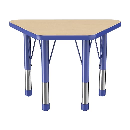 FDP Trapezoid Activity School and Classroom Kids Table (18 x 30 inch), Chunky Toddler Legs for Collaborative Seating Environments, Adjustable Height 15-24 inches - Maple Top and Blue Edge
