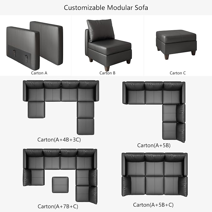 EASE MOOSE Faux Leather Sectional Couch Sofa with Storage,Faux Leather Modualr Sectional Sofa Black U Shaped Modular Couch