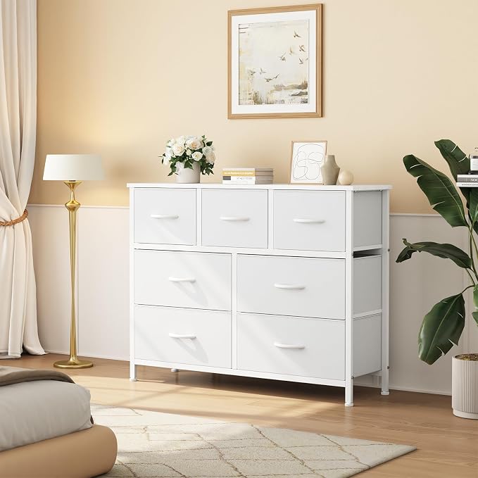 OLIXIS 7 Drawer Closet Organizer Chest, Fabric Storage Tower with Sturdy Steel Frame, Wooden Top & Easy Pull Fabric Bins, Dresser for Bedroom Living Room Entryway Clothes Organization, White