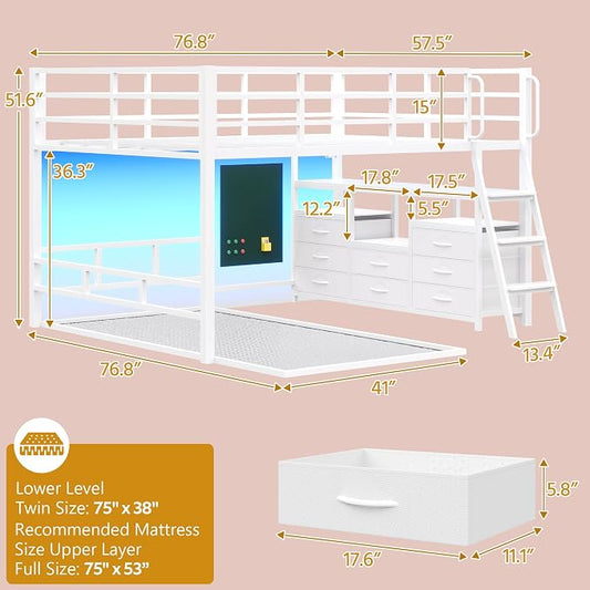 busyaeh Low Bunk Bed,Bunk Bed Full Over Twin with 8 Drawers & 4 Shelves | bunk Bed with Desk & 15" H Safety Guardrail & LED Lights and Charging Station,L-Shaped Bunk Beds with Stairs,White bunk bed
