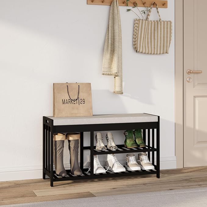 APRTAT 3-Tier Bamboo Shoe Rack Bench, Shoe Storage Organizer Bench, Entryway Benchs, Shoes Rack for Front Door Entrance, Entryway Bathroom Bedroom (Black, Large)