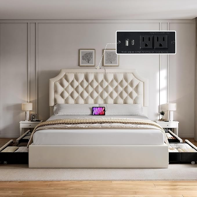 YITAHOME Full Size Bed Frame with Adjustable Headboard, 4 Storage Drawers and Charging Station, Velvet Upholstered Bed Frame with Button Tufted, No Box Spring Needed, Fast Assembly, Noise-Free,Beige