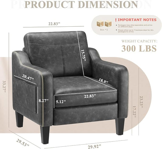 MALOL PU Leather Accent Chair Set of 2, Mid-Century Modern Living Room Armchair Sofa with Removable Cushions, Solid Wood Frame & Stitched Armrest Design, Bedroom Chair with Plastic Legs, Black