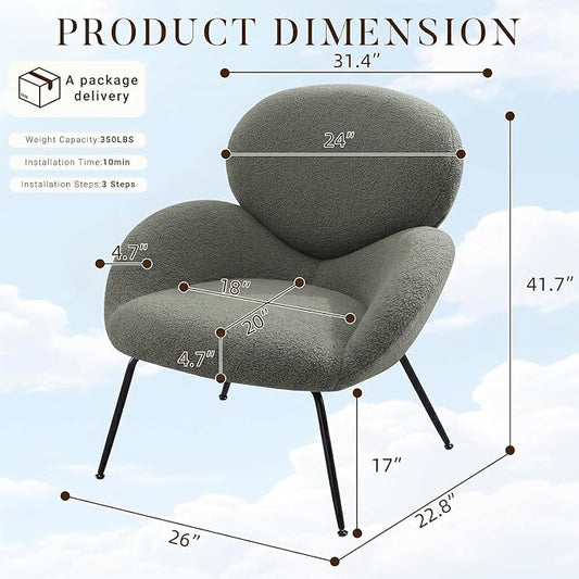 Accent Chair, Cloud Accent Chair for Bedroom, Boucle Fabric (Green) | Comfy Bedroom Chair with Love Back and Sturdy And Durable Solid-Wood Frame/ Study Room / Bedroom / Living Room /(Cream Style)