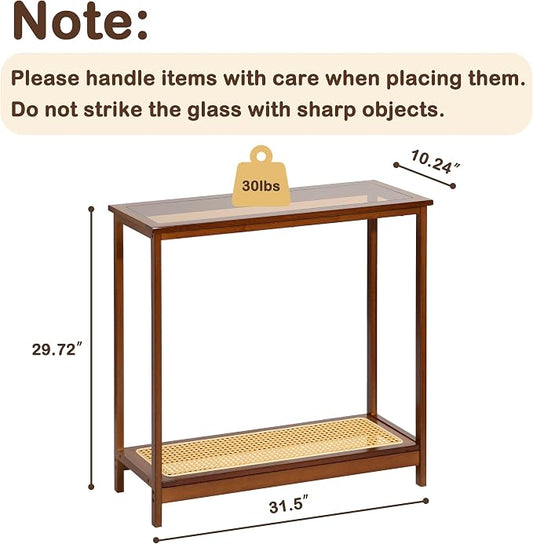 Bamboo Narrow Console Table, 31.5"(L) Wood Small Entryway Table with Rattan and Glass, Accent Slim Hallway Tables, Thin Sofa Side Tables for Hallway, Living Room, Bedroom, Foyer, Walnut