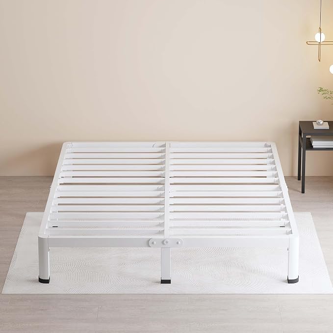 MAF 7 Inch Queen Metal Platform Bed Frame White with Round Corner Legs, Mattress Slide Stopper, 3000 LBS Heavy Duty Steel Slats Support, Noise Free, No Box Spring Needed, Easy Assembly