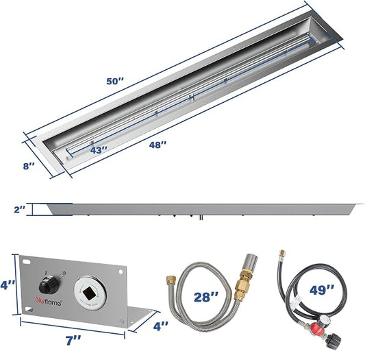 Skyflame 48 x 6 Inch Liner Fire Pit Pan Kit, Stainless Steel Drop-in Fire Pit Pan and Burner, Come with Spark Ignition and Propane Hose, Indoor/Outdoor Fire Table DIY Decorative
