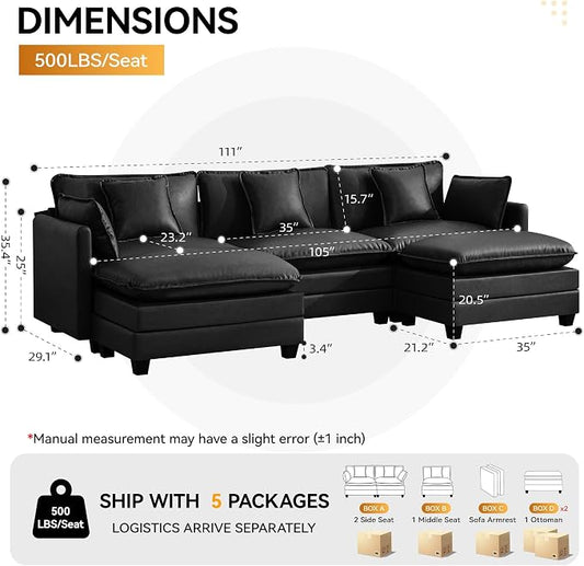 111'' Sectional Cloud Deep Seat Couch, Oversized Leather U Shaped Sectional Sofa for Living Room Set, Comfy Upholstered Modular 5-Seats Sectional Sofa Couch with 2 Movable Ottoman, Leather Black
