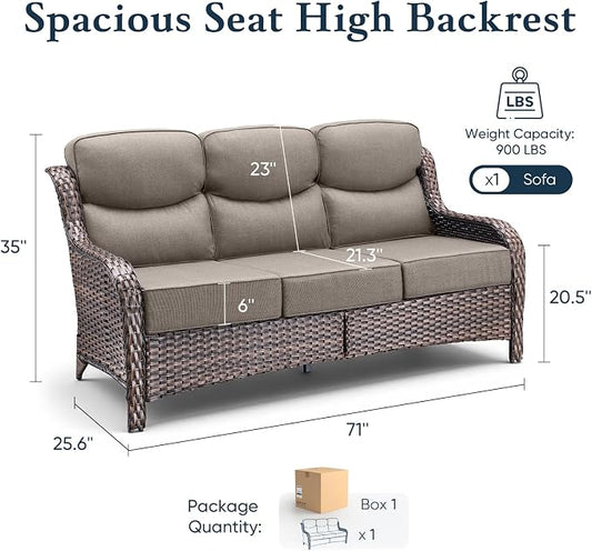 Belord Luxury 6" Thick Cushioned PE Wicker 3-Seater Outdoor Couch, All-Weather Comfortable Modern Patio Sofa, High Back Deep Seat Woven Outdoor Furniture for Porch Balcony, Lawn, Deck - BrownGrey