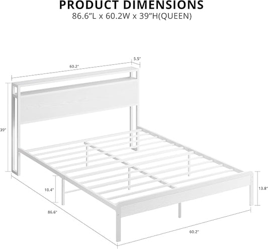 LIKIMIO Queen Bed Frame with Headboard, Wood Camas Queen with Strong Supports, Sturdy, Noise-Free, No Box Spring Needed, White