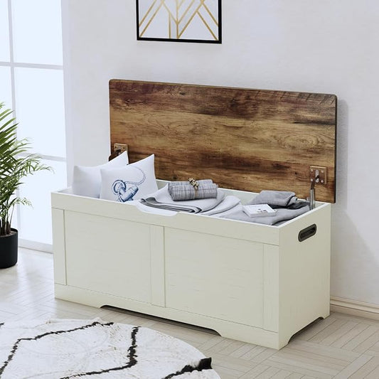 Timberer 39.4" Storage Chest, Wooden Storage Bench, Lift Top Toy Chest with 2 Safety Hinges, Large Toy Box, Entryway Bench for Living Room, Bedroom, Brown and Rustic White