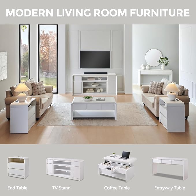 Aitjunz 63'' Console Table with 3 Drawers, Modern Entryway Table with Curved Profile Design, Narrow Long Wood Sofa Table Behind Couch Table for Living Room, Hallway, Foyer, White