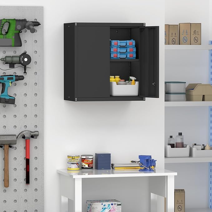 28" H Garage Storage Cabinet, Metal Garage Wall Cabinets with Doors and Shelves, Small Wall Mount Cabinet for Kitchen, Garage, Laundry Room, Pantry, Black