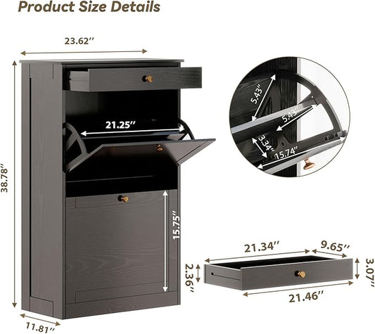 FTZxHKLX Shoe Cabinet with 2 Flip Drawers, Slim Freestanding Hidden Shoe Organizer with Drawer, Pet-Proof Shoe Storage Cabinet for Entryway Living Room Behind The Door, Black