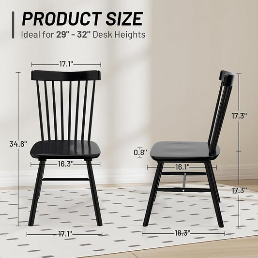 AreShark Windsor Dining Chairs, Farmhouse Wooden Dining Room Chairs, Solid Wood Kitchen Chairs with Spindle Back Set of 2, Black