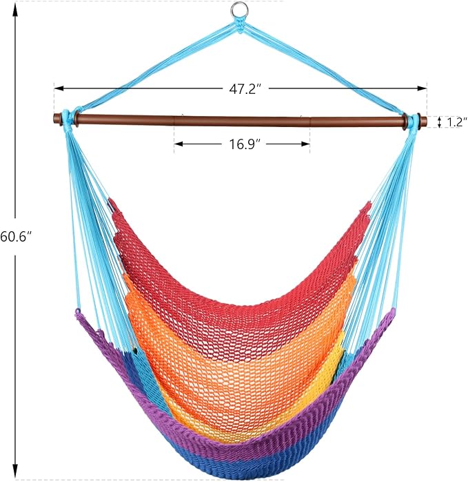 Upgraded Caribbean Hammock Chair with Detachable Metal Bar, Large Hammock Swing Chair, XL Rope Hanging Chair for Outdoor Indoor, 330 LBS Weight Capacity, HawaiiRainbow