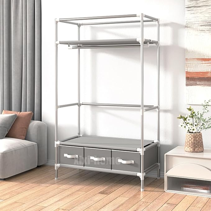 Portable Wardrobe Closet,Foldable Clothes Organizer with 3 Storage Box 35in Simple Non-Woven Fabric Wardrobe Multi-Functional Storage Cabinet with Cover and Hanging Rod-Khaki