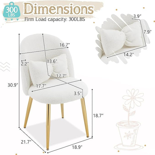VINGLI Boucle Girls Vanity Chair with Back & Pillow,Cute Small Cozy Desk Chair No Wheels,Comfy Makeup Ch with Ajustable Gold Legs,for Bedroom,Living Room,Small Space,White