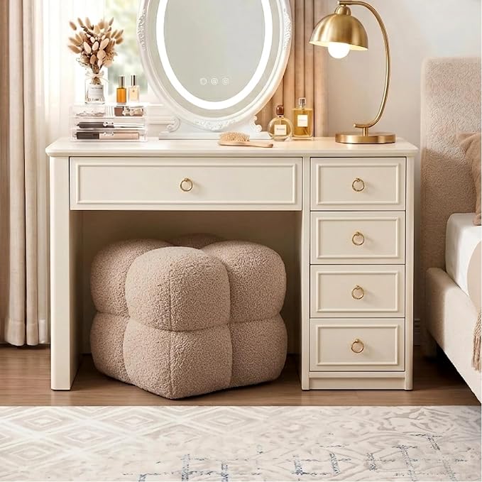 Zesthouse Square Pouf Ottoman Footstool, Modern Backless Vanity Stool for Bedroom, Tan Fuzzy Foot Rest for Couch, Upholstered Tufted Footstool, Sherpa Fabric Ottoman Coffee Table for Living Room