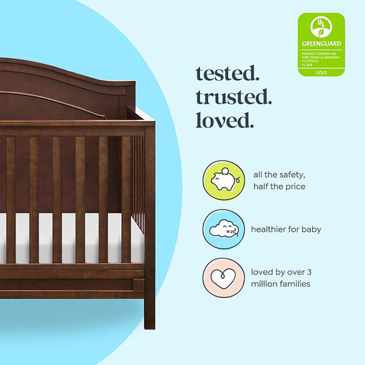 Davinci Charlie 4-in-1 Convertible Baby Crib w/Mattress - Espresso | GREENGUARD Gold Certified, Low-Profile Crib Convertible to Toddler Bed, Daybed, Full Bed - Conversion Kit Sold Separately