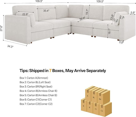 Oversized Modular Sectional Sofa V-Shaped Cloud Couches White | 109'' Deep Seat Couch for Living Room, 5-Seater Luxury Comfortable Corner sofa, Solid Wood Frame, Removable Washable Cover