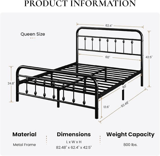 SHA CERLIN Queen Size Metal Platform Bed Frame with Victorian Style Iron-Art Headboard and Footboard, Easy Assembly, Under Bed Storage, No Box Spring Required, Black