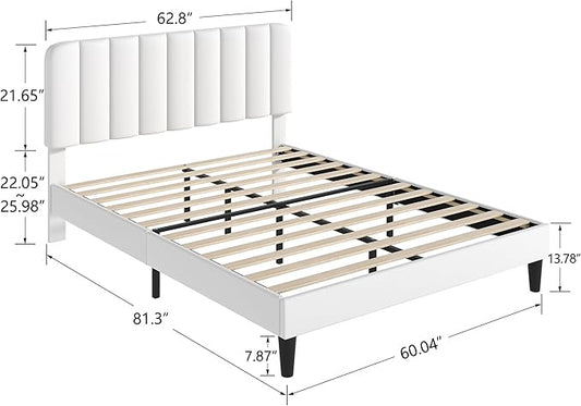 VECELO Queen Size Bed Frame with Upholstered Headboard, Velvet Platform Bedframe Mattress Foundation, Strong Wood Slat Support, No Box Spring Needed,White